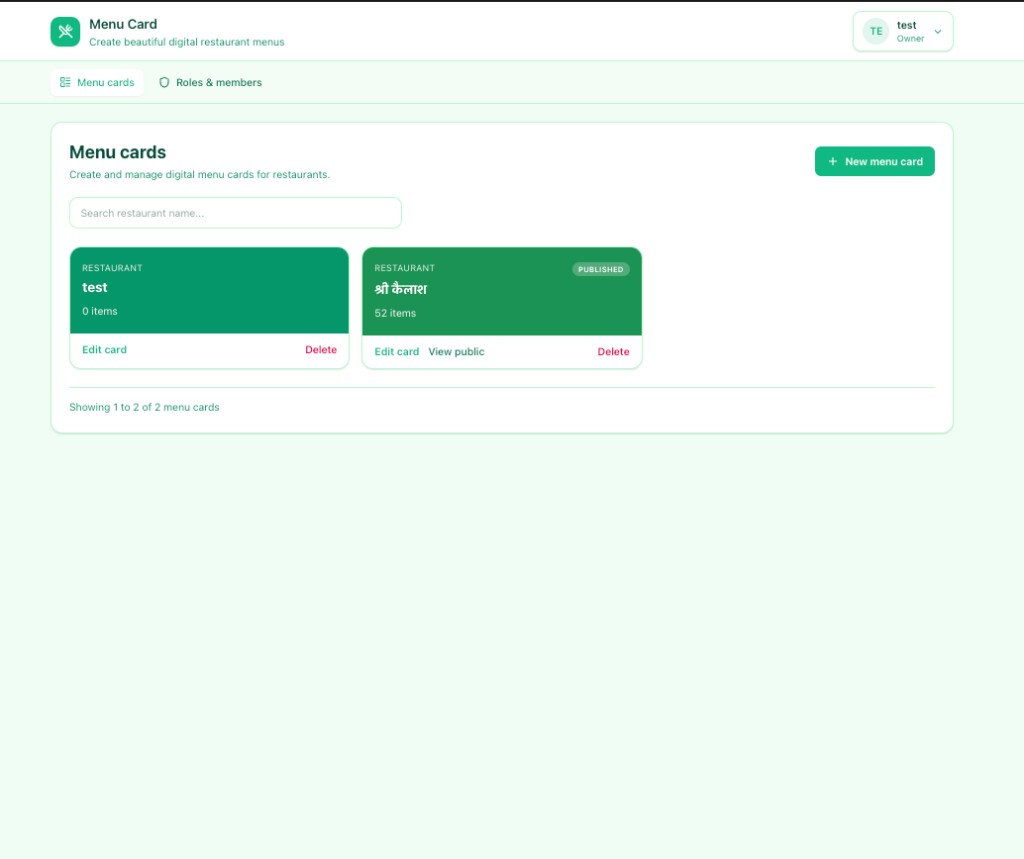 Menu Card dashboard listing published restaurant menus